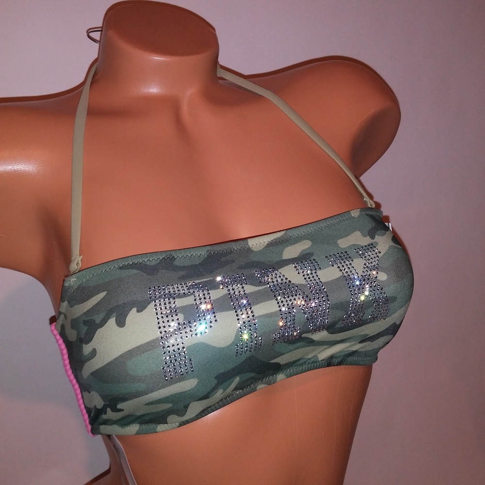 Victoria Secret PINK Swim Bikini Top Small Green Camo Shine Sling Logo Bandeau